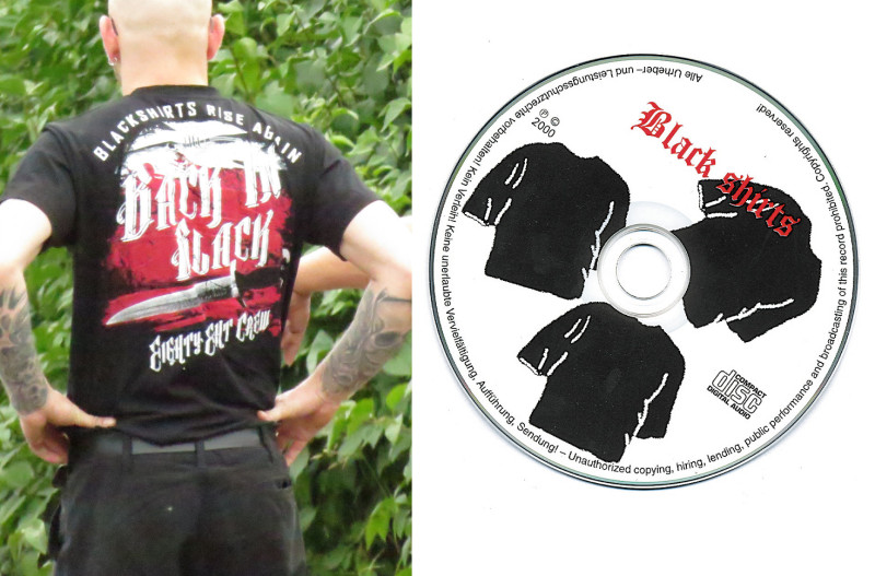 CD der englischen Neonaziband Blackshirts und Motiv der Modemarke Ansgar Aryan »Blackshirts rise again – Back in Black«.