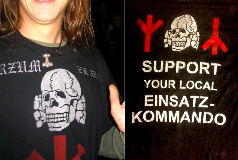 Shirt-Motiv (Vorder- und Rückseite) der neonazistischen Black-Metal-Band Burzum. Das Bild links zeigt einen Burzum-Fan aus Bayern.