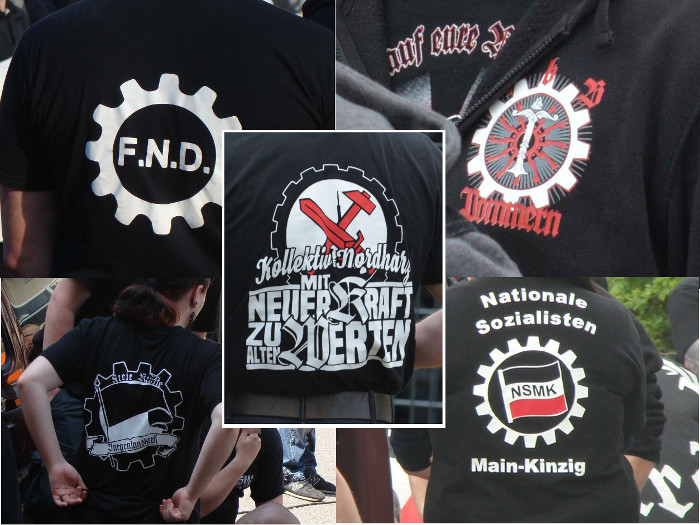 Das Zahnrad als Teil der Gruppensymbolik der Freien Nationalisten Dessau (F.N.D.), des Kameradschaftsbunds Bargischow (KbB) aus Pommern, der Freien Kräfte Burgenlandkreis, der Nationalen Sozialisten Main-Kinzig (NSMK) und des Kollektivs Nordharz, einer Gruppe des Netzwerkes des Antikapitalistischen Kollektivs (AKK).
