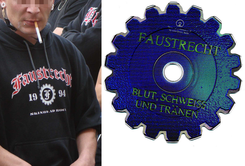 Zusammen mit dem in Frakturschrift dargestellten F bildet das Zahnrad das Logo der deutschen Neonazi-Band Faustrecht. Diese ließ sogar eine ihrer CDs in Form des Zahnrades ausstanzen.