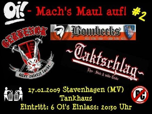 Plakat für ein Konzert u.a. mit der rechten Oi-Band Bombecks.