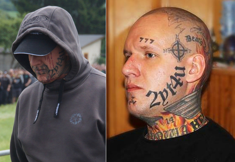 Links: Neonazi aus Ungarn im Sommer 2017 auf dem Weg zu einem Rechtsrock-Konzert in Thüringen. Durch Kappe, Kapuze und Pflaster sind u.a. das White-Power-Zeichen und die eckige Triskele (am Kinn) verhüllt oder abgeklebt. Zu erkennen ist jedoch die Gesichts-Tätowierung 2yt4u. Das rechte Bild zeigt dieselbe Person ca. im Jahr 2015.