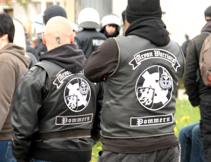 Die Aryan Warriors sind eine im Rockerstyle auftretenden Neonazigruppe aus Vorpommern. Auf ihrem Gruppen-Kennzeichen befinden sich die Lebens-Rune neben dem Gründungsjahr der Gruppe (2001), das teils verdeckte White-Power-Zeichen sowie der Greifen, ein Fabeltier, dass Herrscherdynastien in Pommern als Wappentier diente.
