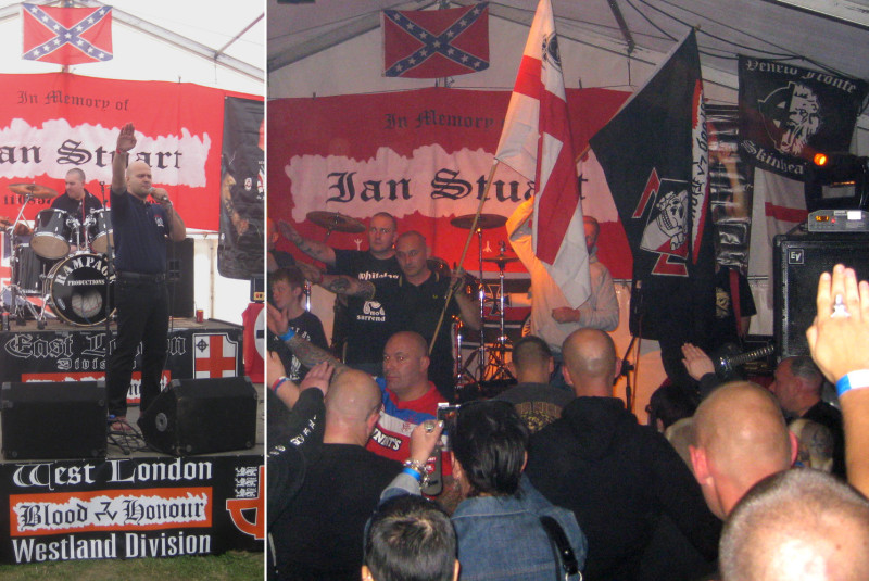 Die Südstaatenfahne als Bühnendekoration beim einem Ian-Stuart-Memorial-Konzertes 2011 in England, organisiert vom Netzwerk Blood & Honour.