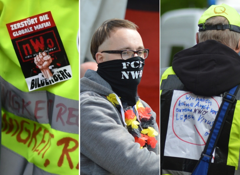 Rechte glauben, eine »globale Mafia« wolle bestehende Ordnungen zerstören und die »Völker« auflösen. Ihr Plan sei die Errichtung einer neuen Weltordnung, einer »New World Order«, abgekürzt NWO. Auf dem linken Bild ist der Begriff NWO mit den »Bilderbergern« verbunden, das Bild rechts zeigt einen Anhänger des QAnon-Verschwörungsmythos.