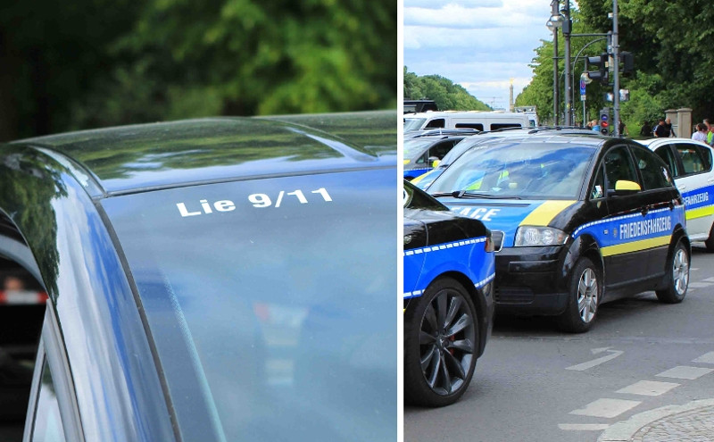 Aufschrift »Lie 9/11« (Lüge 9/11) auf einem »Friedensfahrzeug« auf einer Kundgebung unter dem Motto »Kündigt Ramstein Air Base jetzt« am 30. Mai 2020 in Berlin. Die Kundgebung wurde nach Angabe der Organisator*innen von einem breiten Bündnis von Gruppierungen aus der Friedensbewegung getragen. Tatsächlich nahmen auch extreme Rechte sowie Anhänger*innen von Putin, Assad und des OAnon-Verschwörungsmythos teil.
»Friedensfahrzeug« nennt sich eine Aktion von Personen, die sich der Friedensbewegung zurechnen. Dabei werden Autos mittels Klebefolien im Stil von Polizeiautos gestaltet, um Aufmerksamkeit für die Sache des Friedens zu erfahren. Die hauptsächliche Organisatorin der »Friedensfahrzeug«-Aktion zeigt über ihre Facebook-Profil (im Juli 2020) deutliche Nähe zum verschwörungsideologischen Spektrum.