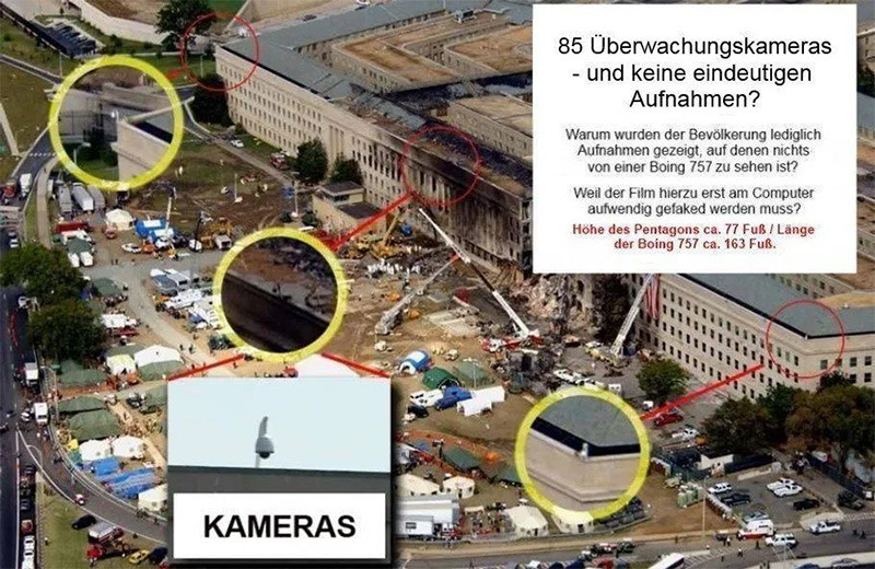 Ein »Klassiker« des 9/11-Verschwörungsmythos ist die Behauptung, es sei gar kein Flugzeug in das Pentagon geflogen. Zuerst wurde dies daran festgemacht, dass es angeblich keine Aufnahmen vom Einschlag des Flugzeugs gäbe. Nachdem diese Aufnahmen veröffentlicht wurden, wurden sie als Fälschung dargestellt.
