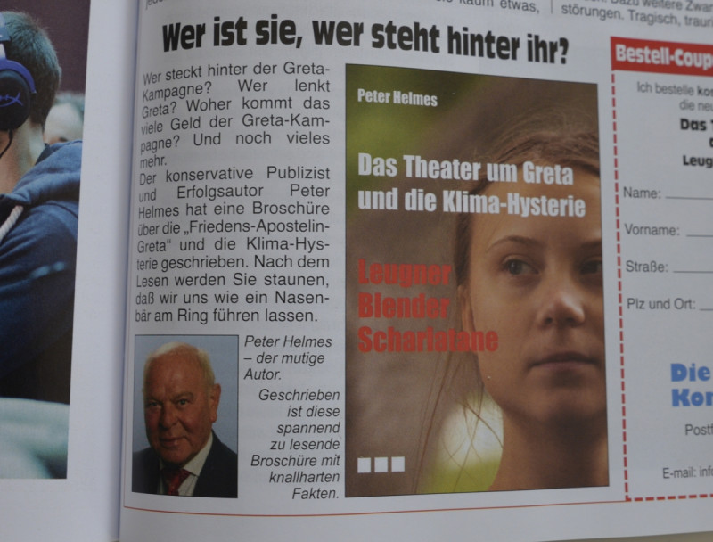 Ausschnitt aus der Werbung in COMPACT Aktuell Nr.2 (2020) für die Broschüre »Das Theater um Greta und die Klima-Hysterie«. Die Broschüre erschien 2019. Der Autor Peter Helmes ist Vorsitzender der Organisation Die Deutschen Konservativen und seit Jahrzehnten in der CDU aktiv. Seine Ausführungen zielen darauf, Thunberg zu pathologisieren und ihr eigenständiges Denken und Handeln abzusprechen.