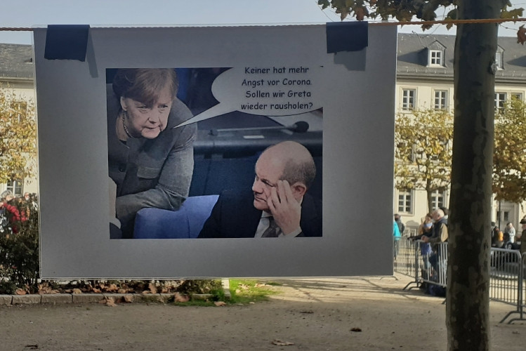 Plakat auf einer Kundgebung von Querdenken am 7.11.2020 in Wiesbaden.