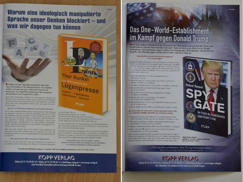 Anzeigen des Kopp Verlags in der Zeitschrift COMPACT im Jahr 2020.
Die Bücher »Wörterbuch der Lügenpresse« und »SPYGATE. Der Putsch des Establisment gegen Donald Trump« erschienen 2020 im Kopp Verlag. Autor des Buches »SPYGATE« ist Helmut Roewer, der ehemalige Präsident des Thüringer Landesamtes für Verfassungsschutz.