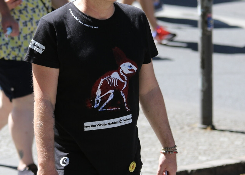 Teilnehmer der Demonstration gegen die Maßnahmen zur Eindämmung der Corona-Pandemie am 01. August 2020 in Berlin. Das Shirt zeigt den Buchstaben »Q« (links unten am Shirt) und das weiße Kaninchen, das Symbol der QAnon-Anhänger*innen. Die QAnon-Phrasen »down the rabbit hole« und »follow the »white rabbit« sowie die Zeichnungen des weißen Kaninchen beziehen sich auf Lewis Carrolls Erzählung »Alice im Wunderland« und auf den Film »The Matrix« von 1999. In »Alice im Wunderland« folgt die Hauptfigur Alice einem weißen Kaninchen in den Bau und betritt dort eine verborgene, fantastische Welt. In »The Matrix« erhält der Protagonist Neo die Botschaft »Follow the white rabbit« und schließt sich daraufhin einer Frau an, die ein weißes Kaninchen als Tätowierung trägt. Beide verlassen ihre künstliche Scheinwelt und gelangen in die echte Welt. Das weiße Kaninchen und die sich darauf beziehenden Metaphern stehen dafür, dass Menschen beginnen, kleinen Zweifeln nachzugehen und dabei eine gigantische Verschwörung entdecken.