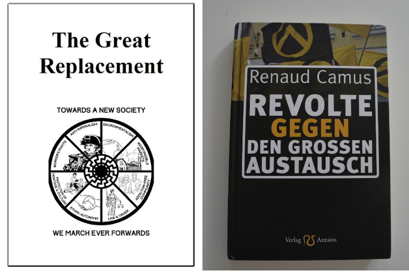 Bild links: Der Attentäter, der am 15. März 2019 in Christchurch (Neuseeland) aus rassistischen Motiven in zwei Moscheen 51 Menschen erschoss, verbreitete ein »Manifest« mit dem Titel »The Great Replacement« (Der Große Austausch), in dem er sich ausdrücklich auf die europäische Rechte bezog. Das Symbol auf dem Cover zeigt die Schwarze Sonne.
Bild rechts: Der französische Schriftsteller Renaud Camus gilt als einer der Vordenker der extrem Rechten in Frankreich. 2011 veröffentlichte er das Buch »Le Grand Remplacement« (Der Große Austausch), dass der Identitären Bewegung in Europa die Stichworte ihrer nachfolgenden Kampagne gab. Im extrem rechten deutschen Verlag Antaios erschien 2016 eine gekürzte, kommentierte und ins Deutsche übersetzte Fassung des Buches.